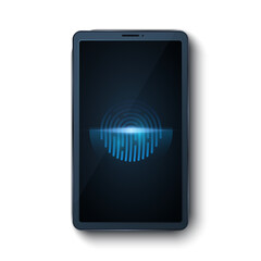 Modern smartphone with a fingerprint scanner isolated on white background. Biometric scanner. Touch screen. Data security from hacking your gadget. Vector illustration