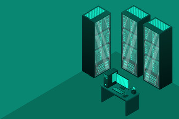 Web hosting and big data processing, server room rack. Concept of data center isometric.