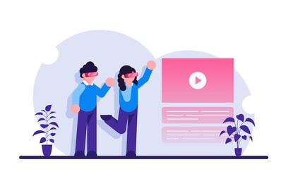 Virtual reality platform. People use VR headset or glasses. Modern technology for entertainment or video viewing. Flat illustration.