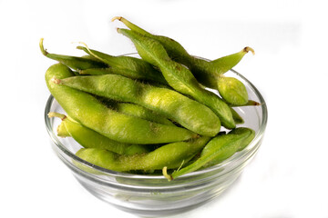 Edamame beans or green soybeans on the white background in Brazil