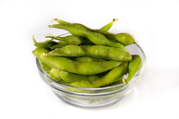 Edamame beans or green soybeans on the white background in Brazil