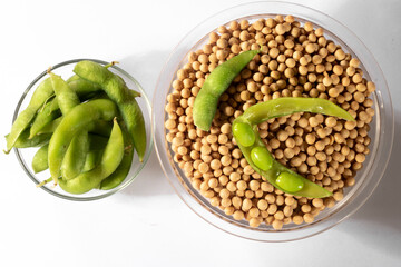 Edamame beans or green soybeans on the white background in Brazil