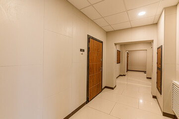 Russia, Moscow- April 10, 2020: interior public place, house entrance. doors, walls, staircase corridors