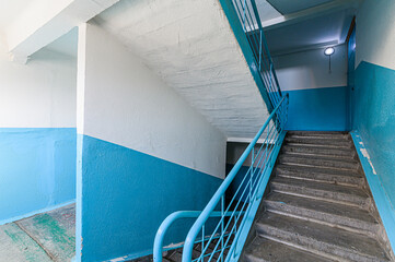 Russia, Moscow- April 10, 2020: interior public place, house entrance. doors, walls, staircase corridors