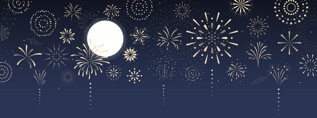Fireworks, firecracker at night with full moon. Cartoon style. Festival of fireworks simple style on the night sky. Vector illustration. - obrazy, fototapety, plakaty