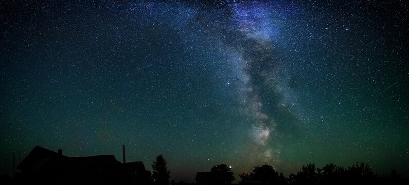 Panoramic view of starry sky and milky way at night