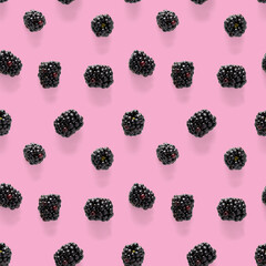 Bramble Seamless pattern. Fresh blackberry seamless pattern. Pattern with fresh wild berries isolated on pink background.