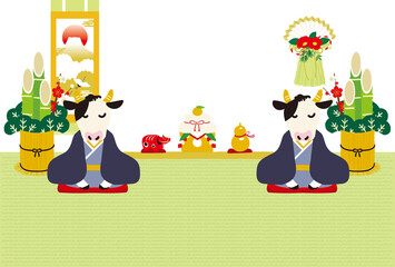 2021年丑年年賀状　和室で新年の挨拶をする牛