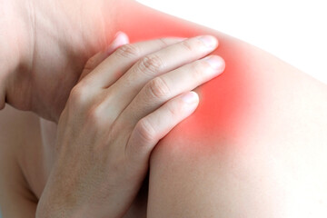 Neck pain, shoulder pain, on white background, Health and medical bone concepts