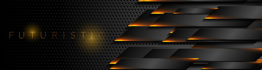 Futuristic black perforated technology background with orange neon lines. Glowing vector banner design