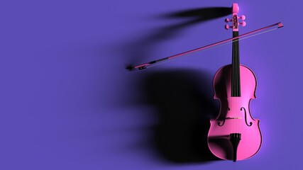 Pink classic violin on purple plate under spot lighting background. 3D sketch design and illustration. 3D high quality rendering. © DRN Studio