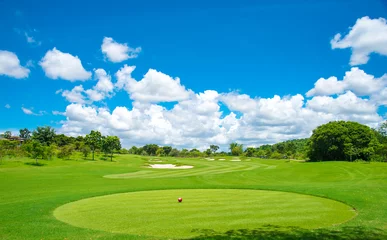 Poster Beautiful green view at golf course ,green trees and mountain blue sky white cloud background © APstudio