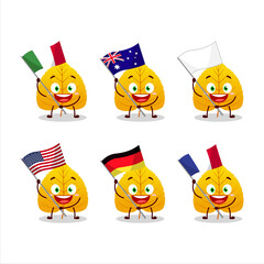 Yellow dried leaves cartoon character bring the flags of various countries