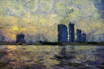 The landscape of the city river in the evening Illustrations creates an impressionist style of painting.