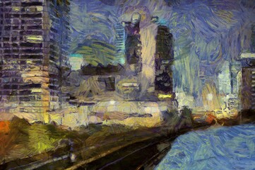 The night landscape of Bangkok city center Illustrations creates an impressionist style of painting.