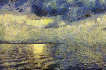 The landscape of the seashore in the morning Illustrations creates an impressionist style of painting.