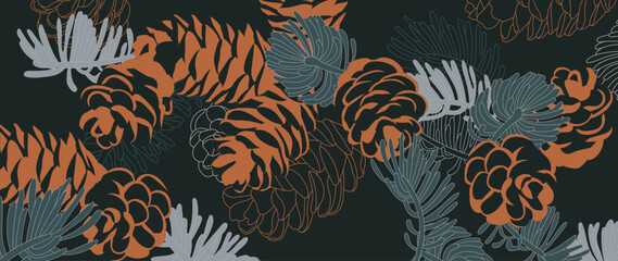 Pine branches and cones background. Winter and autumn hand draw wall art. Luxury wallpaper design for winter and holiday season, christmas tree, fabric and print. Vector illustration.