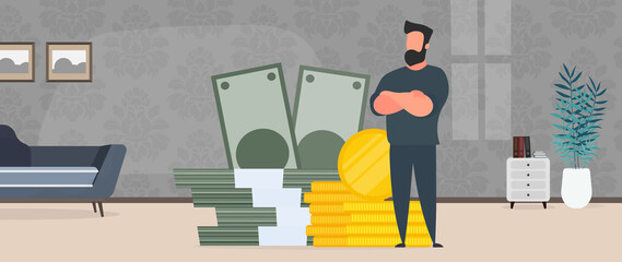 Businessman and a mountain of money. A man stands near gold coins and large dollar bills. A bundle of money. The concept of a successful business, earnings and wealth. Vector.