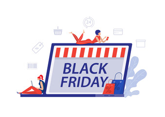 woman shop on black Friday,online shop store offer and discount product illustrator