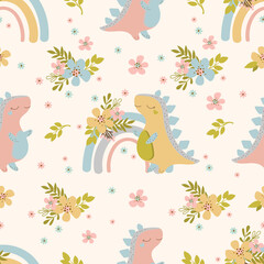 Obraz premium DINO DREAMS Hand Drawn Seamless Pattern Vector Illustration