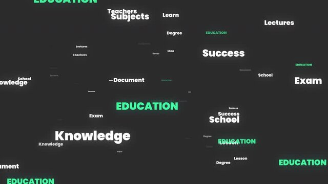 Education word cloud - flying through Education related keywords - Subjects Teachers Degree Knowledge Document Books Success Learn Exam Idea Lectures Lesson School University - 4K seamless loop