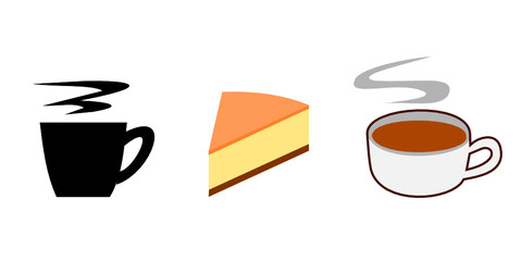Illustration and vector icon of a hot drink or coffee and tea in a cup , Cheesecake or cake triangular piece isolated on white background
