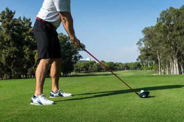 Obraz premium Golf club and golf ball in grass field with woodland, professional golf player.