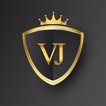 Initial logo letter VJ with shield and crown Icon golden color isolated on black background, logotype design for company identity.