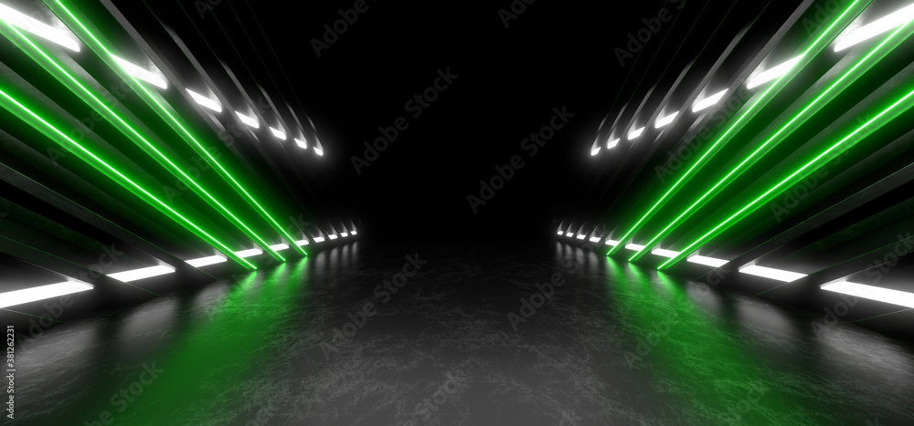 Poster a dark corridor lit by colorful neon lights. reflections on the floor and walls. 3d rendering image.