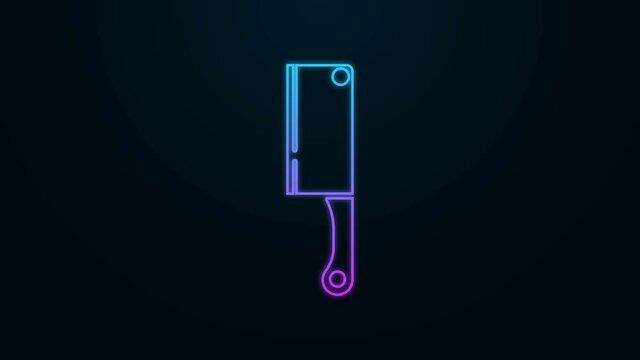 Glowing neon line Meat chopper icon isolated on black background. Kitchen knife for meat. Butcher knife. 4K Video motion graphic animation