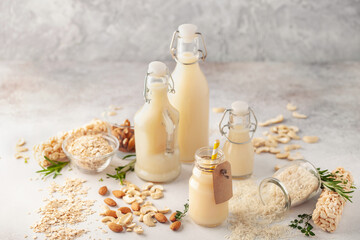 Obraz na płótnie Canvas Dairy free alternative nut milk in glass bottles on a gray background. Healthy vegan food concept.