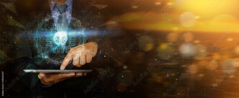 Fototapete modern futuristic computer tablet technology banner businessman processor hologram network connectio