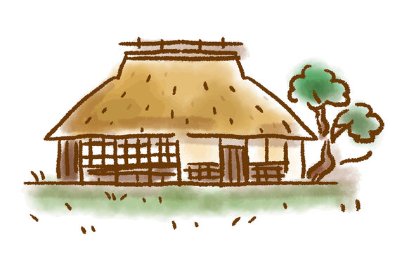 味のある水彩画風の茅葺き屋根の家のイラスト