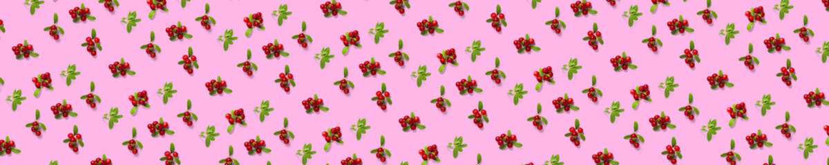Lingonberry background on pink backdrop. Fresh cowberries or cranberries with leaves as background