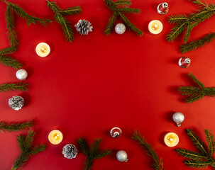 Christmas card, banner, flatlay with copy Space on a red background