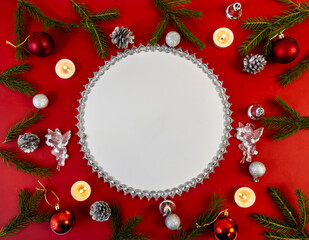 Christmas card, banner, flatlay with copy Space on a red background