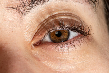 brown half-open eye of a young Brazilian woman