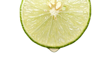 Close up sliced lime with water drop on white background