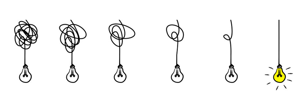 Simplifying The Complex, Confusion Clarity Or Path Vector Idea Concept. The Concept Of Transition From Complicated To Simple With Bulb Lamp Doodle Vector Illustration .