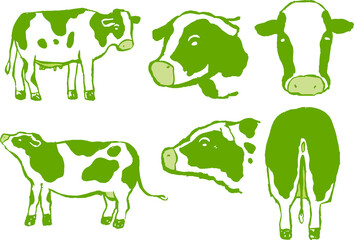 Green Hand drawn realistic dairy cowillustration set