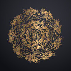 Golden mandala isolated on black background. Vector illustration.