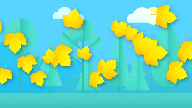 Abstract video with falling horizontally colorful leaves on a nature background with clouds and sun. Hand-drawn 2D animation in high quality 4K.