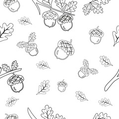 Fototapeta na wymiar Seamless vector pattern with autumn leaves white background. Oak leaf and acorn outline drawing. Black and white pattern