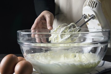 Lady is making cream cake using electric portable mixer machine