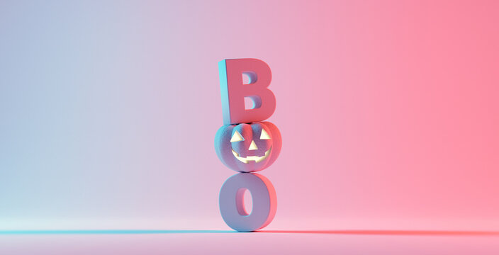 Boo! Happy Halloween day, lettering design with smiling pumpkin character on orange background, Trick or Treat, 3d render.