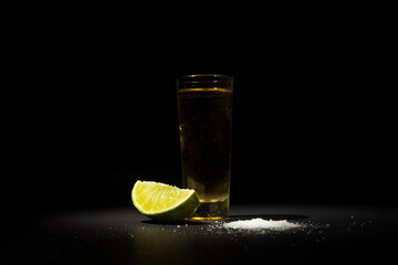 Tequila shoot, mexican tequila with lime and salt