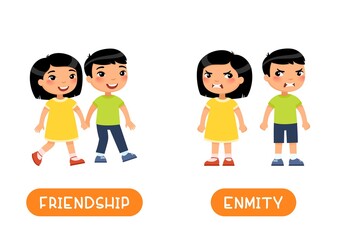 FRIENDSHIP and ENMITY antonyms flashcard vector template. Opposites concept. Word card for english language learning with flat characters. Asian girl and boy quarrel illustration with typography