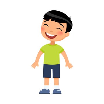 Laughing little boy flat vector illustration. Cheerful asian child with a smile on face standing alone cartoon character. Lonely kid in good mood, person happy expression isolated on white background