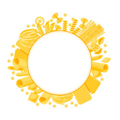 Italian cuisine. Circular frame, rounded by many kinds of pasta. Vector illustration cartoon flat icon isolated on white. Template element for packaging label design.