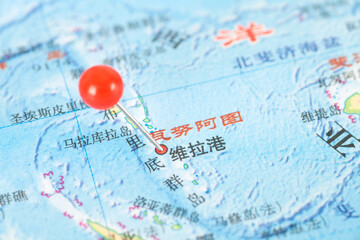 Pushpins mark the location of Port Vila, the capital of Vanuatu on the map